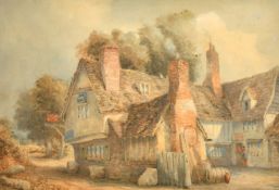 19th Century English School, figures outside a country inn, watercolour, 10