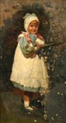 19th Century School, a study of a young girl holding a book, oil on canvas laid down, 10.5