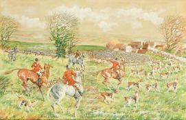 Ernest William Aldworth (1889-1977) British, figures on horseback riding through farmland