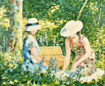 William Foreman (b.1939), female figures picnicking in a woodland glade, oil on canvas, signed,