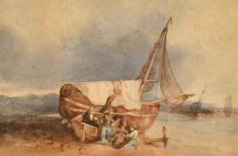 19th Century, Moored boats on the shore with fishermen, watercolour, 7