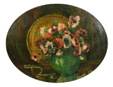 Crooks, Flowers in a green vase, oval oil on canvas board, signed and dated '52, 16