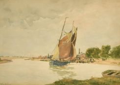 William Tatton Winter (1855-1928) British, A Sailing boat on a river near a jetty, signed, 12.75