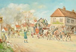 Ernest William Aldworth (1889-1977) British, a coach and horses leaving The King's Head,