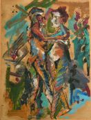 Barbara Knight, circa 1977, a study of two embracing figures, oil on paper, label verso, 14