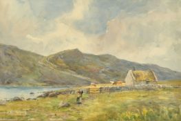 Frank Murray, A figure carrying peat back to a bothy near a lake with cattle in a field,