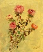 Greek School, 20th Century, A spray of pink roses, oil on board, indistinctly signed, Greek stamp
