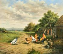 L. Shayer (20th Century) A cockerel and chickens in a farmyard, oil on canvas, signed, 14