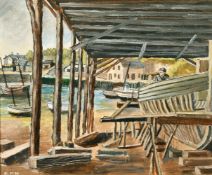 Nankivell, 20th Century, 'Boat Buildings, Porthleven, Cornwall', signed with initials, inscribed
