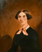 19th Century portrait of a woman wearing a black top with a lace collar and pink bow, oil on canvas,