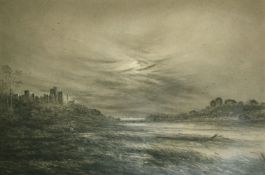 Stuart (19th Century), figures walking under moonlight with a hilltop castle beyond, charcoal, 18
