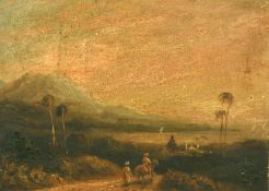 19th Century, a Middle Eastern scene of figures in Turbans approaching a temple by a lake, oil on