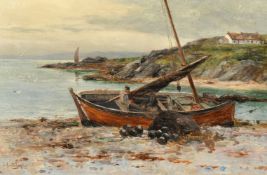 John D. Taylor (late 19th Century) Scottish, fisherman mending nets in a beached boat with a croft