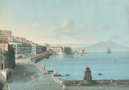 19th Century Neapolitan School, a view of the bay of Naples with figures walking on the quay,