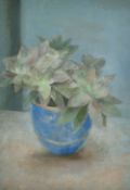 Circle of Dodd Procter, A still life of succulents in a blue vase, oil on canvas stretched on
