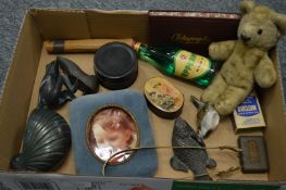 A papier mache snuff box and other collectables.