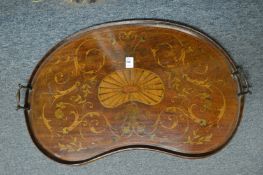 A good Edwardian inlaid mahogany kidney shaped twin handled tray.