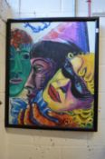 A large oil on canvas depicting an abstract study of heads and masks.