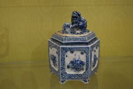 A Chinese blue and white hexagonal shaped censer and cover.