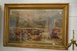 A mountainous river landscape with highland cattle, chromolithographic print in a decorative gilt