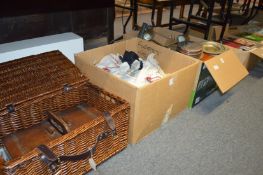 Miscellaneous collectables, games, linen, wicker basket etc.