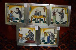 A set of five amusing framed tile pictures.