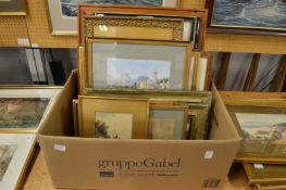 A box of various pictures to include watercolours, prints and engravings.