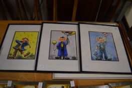 A set of three pictures depicting clowns.