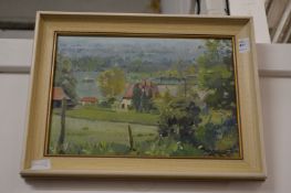 A rural landscape with farm buildings, oil on canvas.
