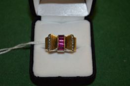 An unusual continental gold, diamond and ruby bow shaped ring.