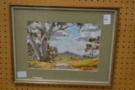 A mountainous landscape with a path and trees watercolour.