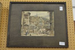 A pen and ink drawing depicting a street scene with figures, buildings and horses.