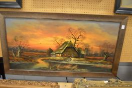 A rural scene at sunset with a figure outside a cottage, oil on canvas, signed.
