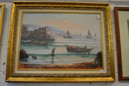 A coastal landscape with fishing boats, oil on canvas in a decorative gilt frame.
