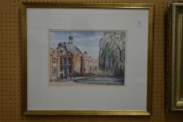 Figures outside a college watercolour.