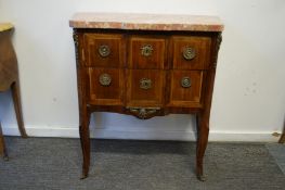 A French walnut and marble topped two drawer commode.
