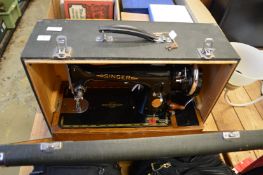 A cased sewing machine.