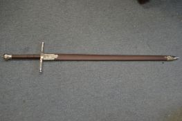 A reproduction two-handled sword.