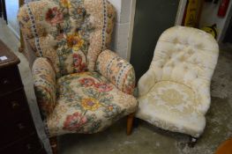 A small Victorian button upholstered armchair and another armchair.