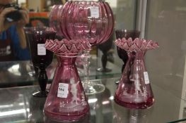 A pair of Mary Gregory style frilly edged pink glass vases and three other items.