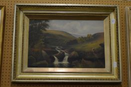 A mountainous river landscape with a figure on a path, oil on board, in a decorative gilt frame.