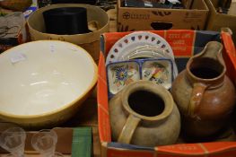 Two large pottery jugs, a mixing bowl and other decorative china.