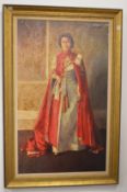 A large full length portrait of Her Majesty Queen Elizabeth II oleograph, in a decorative gilt