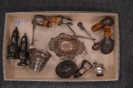 A pair of silver salts and peppers and other small items of silver ware etc.