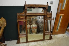 A good Edwardian inlaid rosewood overmantle mirror with shelves.