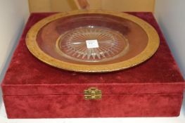 A gilt decorated cut-glass plate with presentation box.
