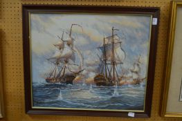 Battle at Sea an oil depicting two galleons.