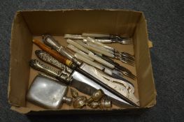 A mother-of-pearl handled fruit knives and forks and other cutlery etc.