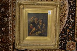A 19th century study of two children seated eating fruit, oil on copper, in a decorative gilt