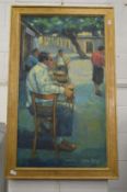 A continental street scene with figures seated outside a cafe, oil on canvas.